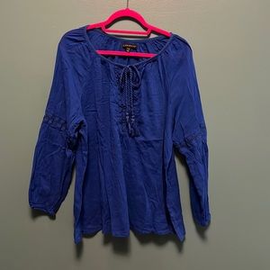 Lane Bryant cobalt blue peasant blouse with tassels.